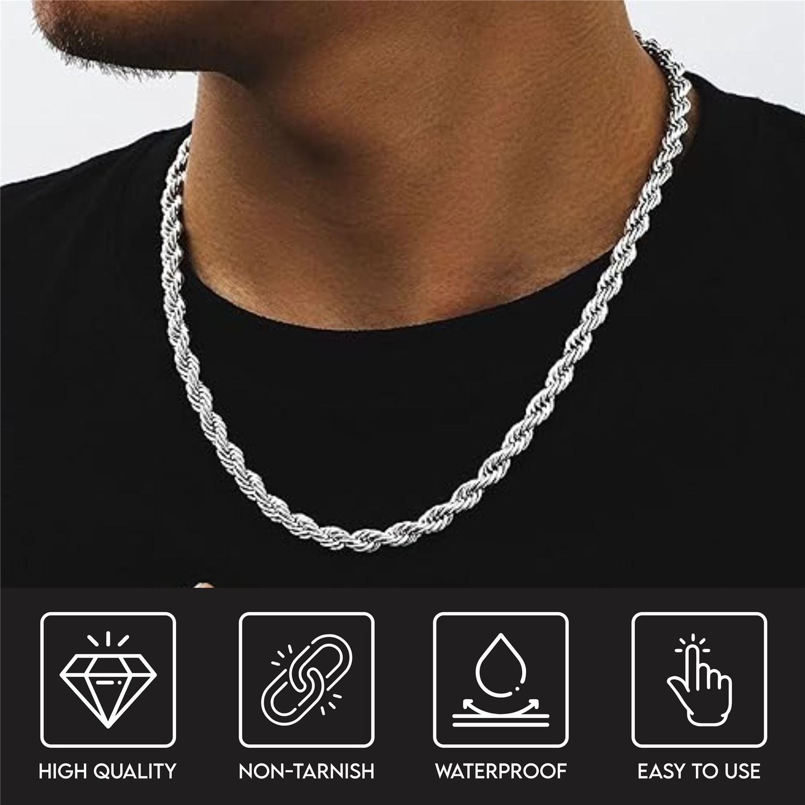 *UK* Men’s Black 316L Stainless Steel 3mm / 22 Inch Knot Twist Rope Necklace