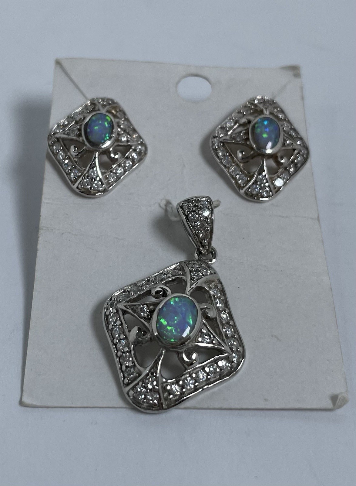 Sterling Silver 925 Opal Earrings Pendant Set CZ Halo Filigree Blue Green Fire
