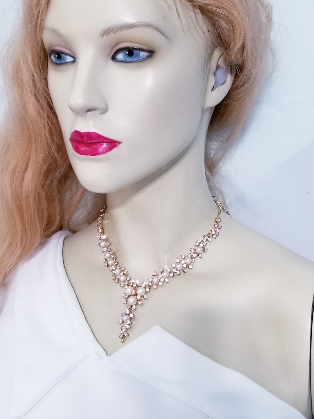 Clear Crystal Choker Rhinestone Created Pearls Necklace Bridal Prom Pageant