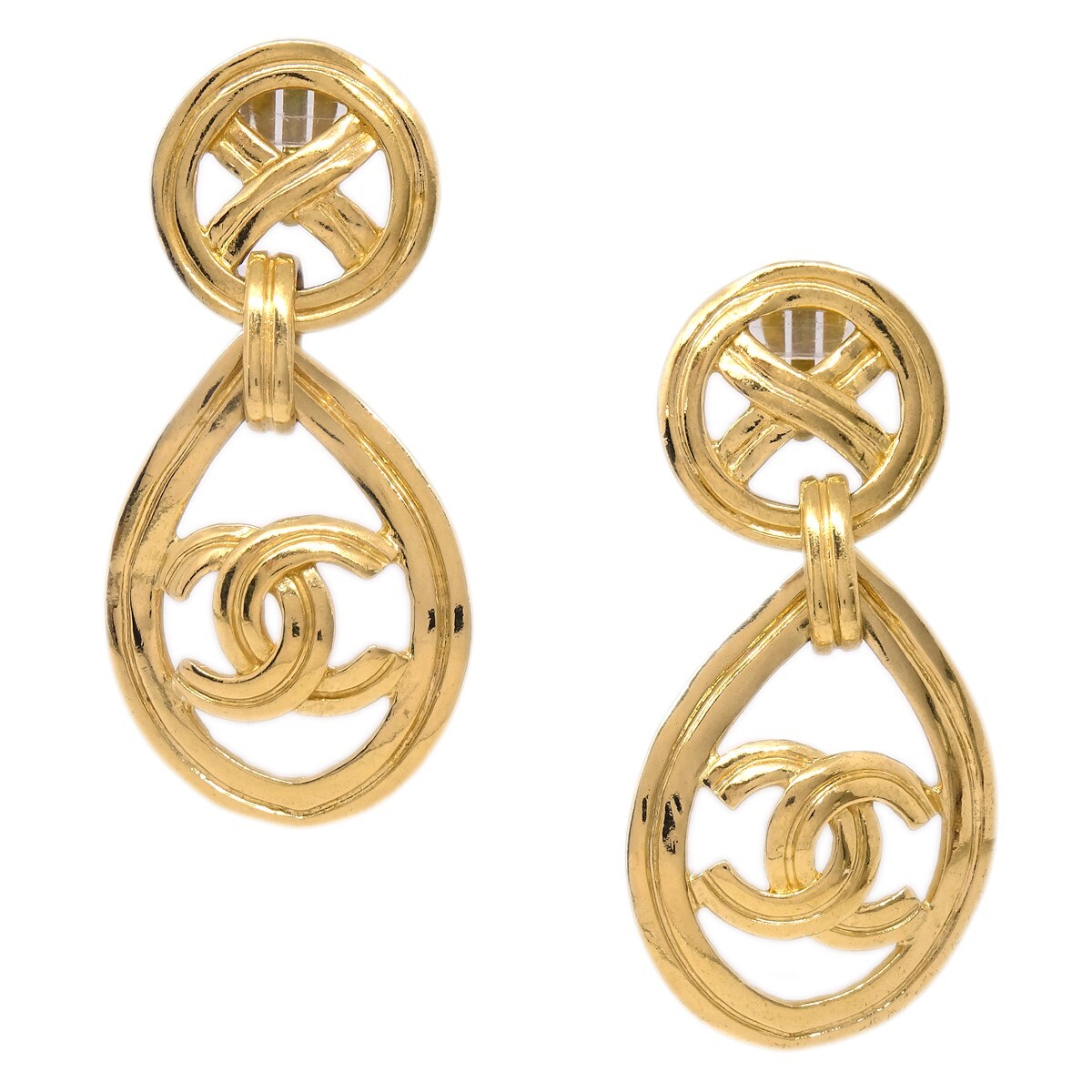 Chanel Dangle Hoop Earrings Clip-On Gold 96P 131963