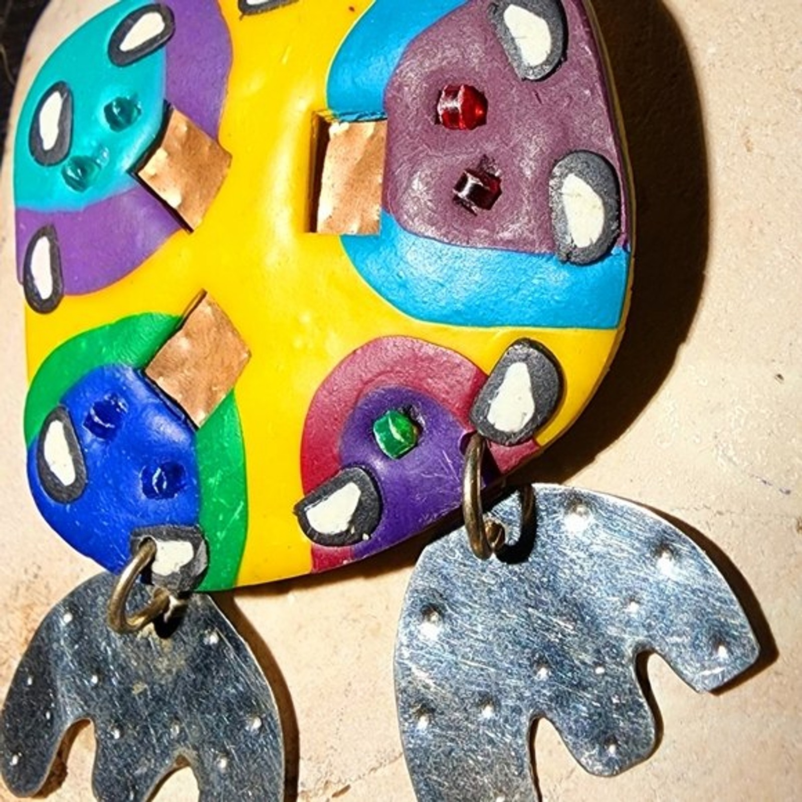 1990s Yellow blue and green decorated abstract irregular geometric shapes brooch