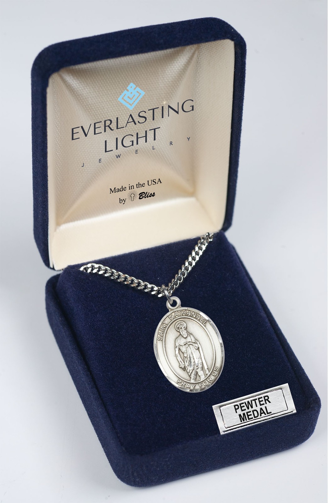 Large Pewter Saint Nathanael Medal Pendant 24″ Lobster Claw Chain Necklace