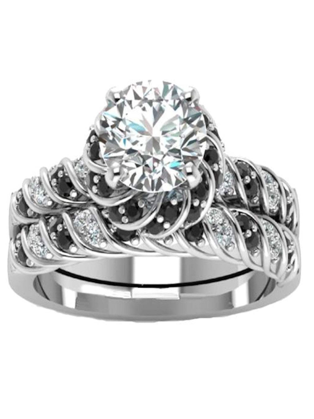 Women’s Black and White Cz Halo Wedding Ring Set Sterling Silver