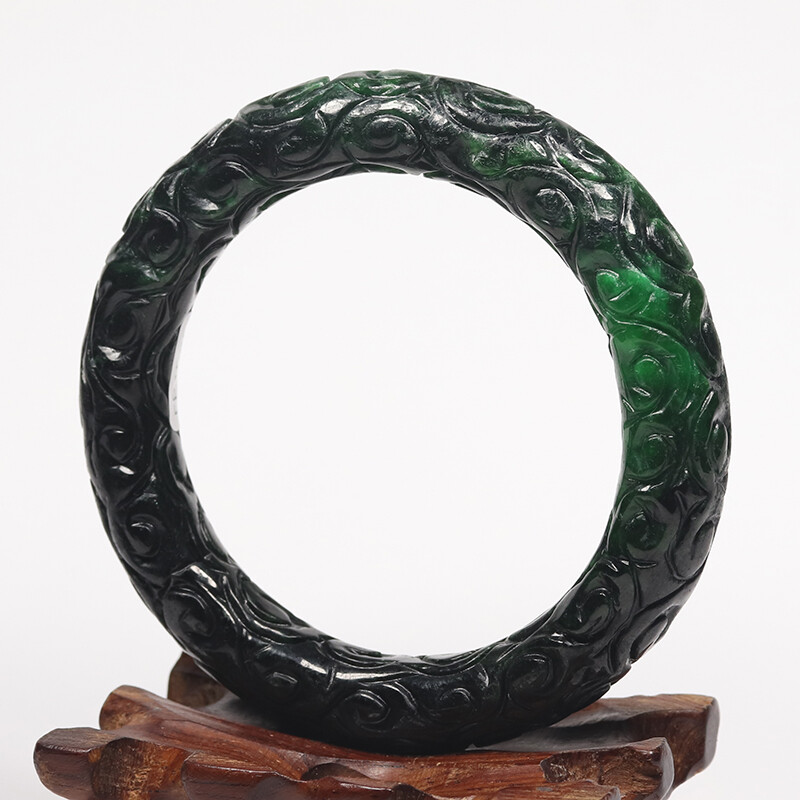 59mm Natural Black Green Jadeite Jade Bangle Bracelet Chinese Handcarved 13628