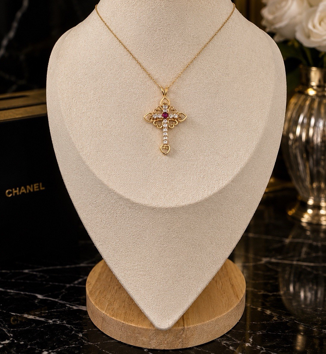 Gold Tone Cross Pendant Necklace w/ Tourmaline Stone & 925 & Gold Plate Chain