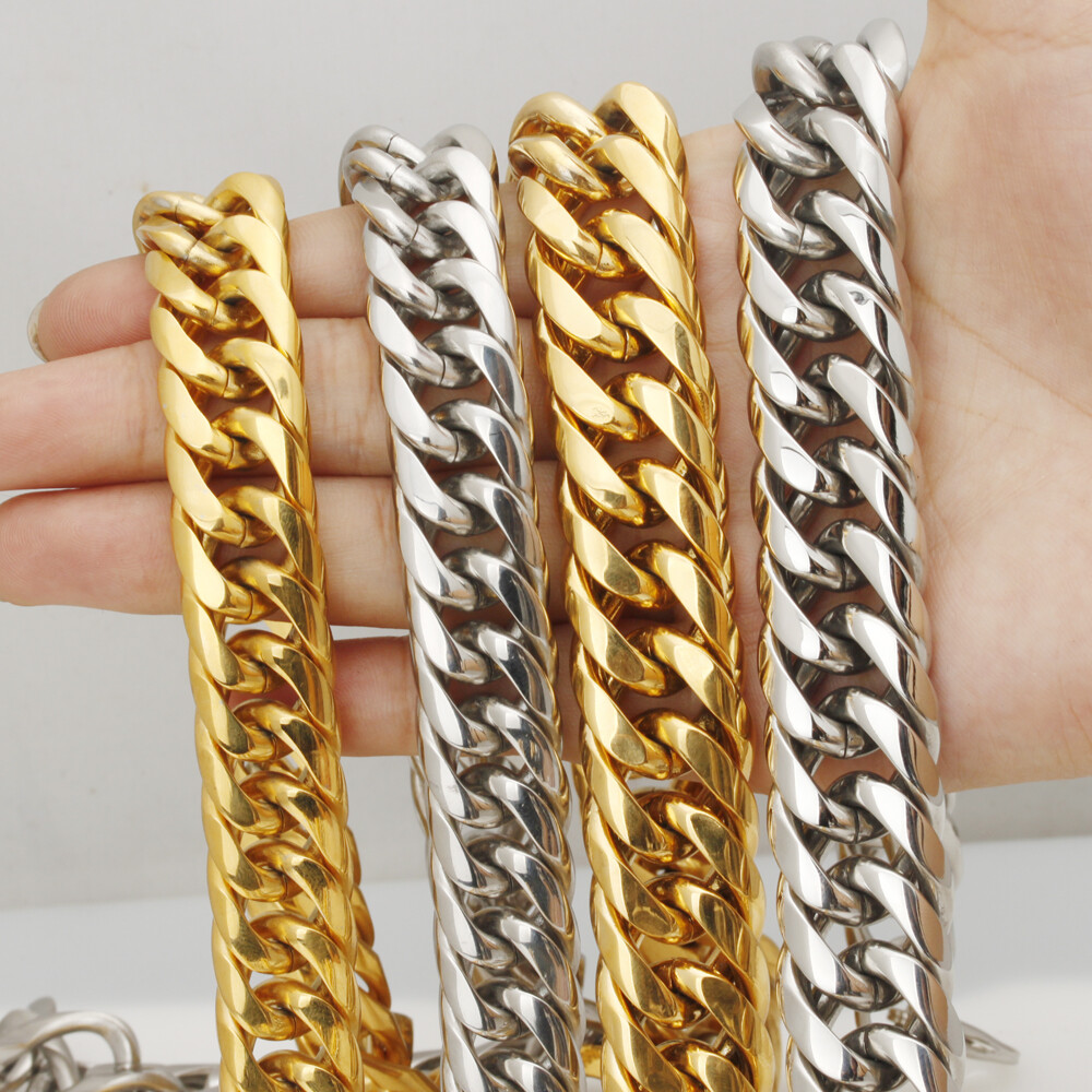 16/20mm 8″-40″ Silver/Gold 316L Stainless Steel Men Chain Curb Necklace Bracelet