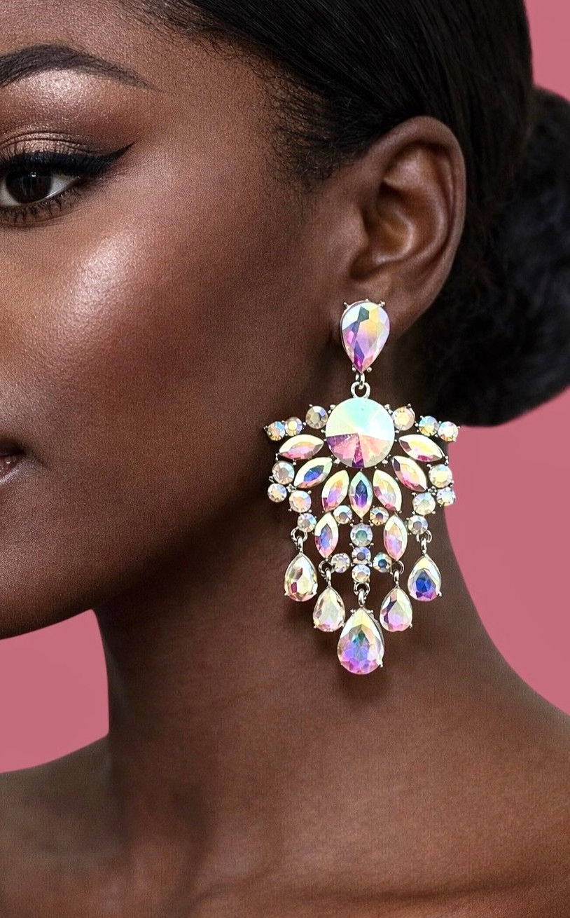 3.5″ Long Statement Cluster Earrings Clear & AB Crystals Drag Queen Pageant