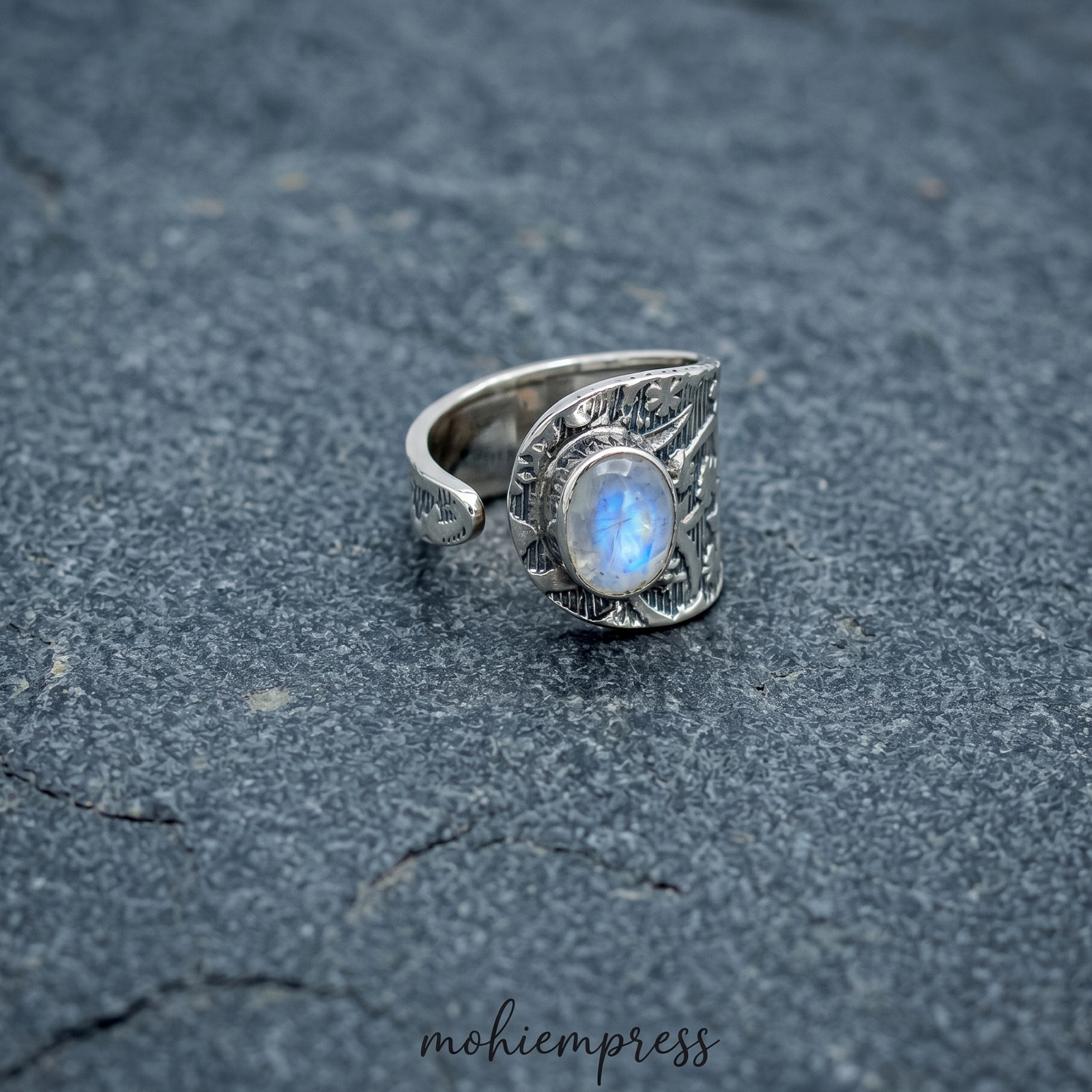 Natural Moonstone Sterling Silver Wrap Ring, Floral Statement Jewelry