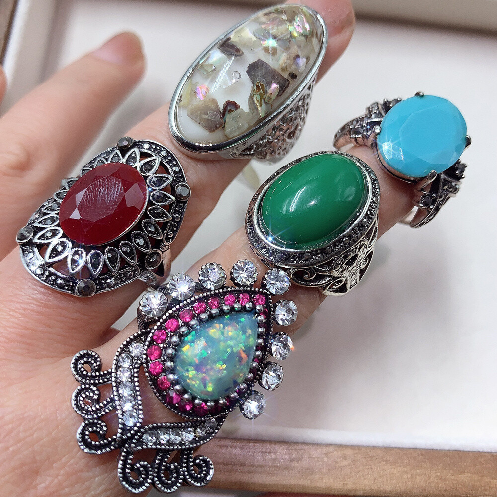 20pcs Mixed Vintage Colorful Gemstone Ring Retro Alloy Finger Deco Ring Bulk Art