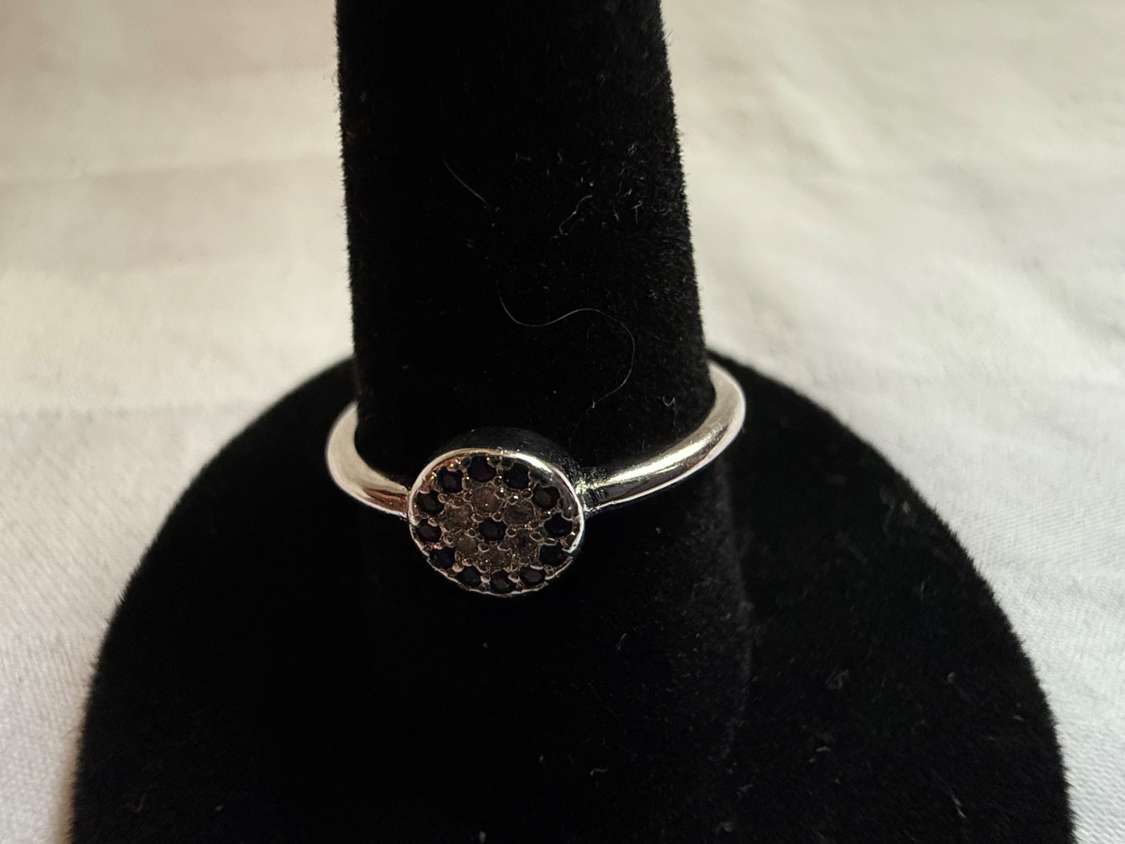 925 Sterling Silver Black & White CZ Pave Disc Adjustable Ring Modern Minimalist