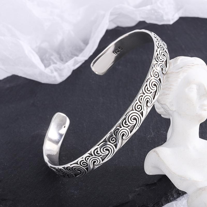 925 Sterling Silver Retro Wave Bangle Bracelet Fashion Open Cuff Jewelry Gift