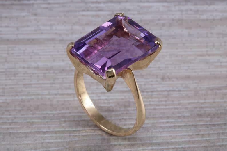 4Ct Emerald Cut Simulated Purple Amethyst Engagement Ring 14K Yellow Gold Plated