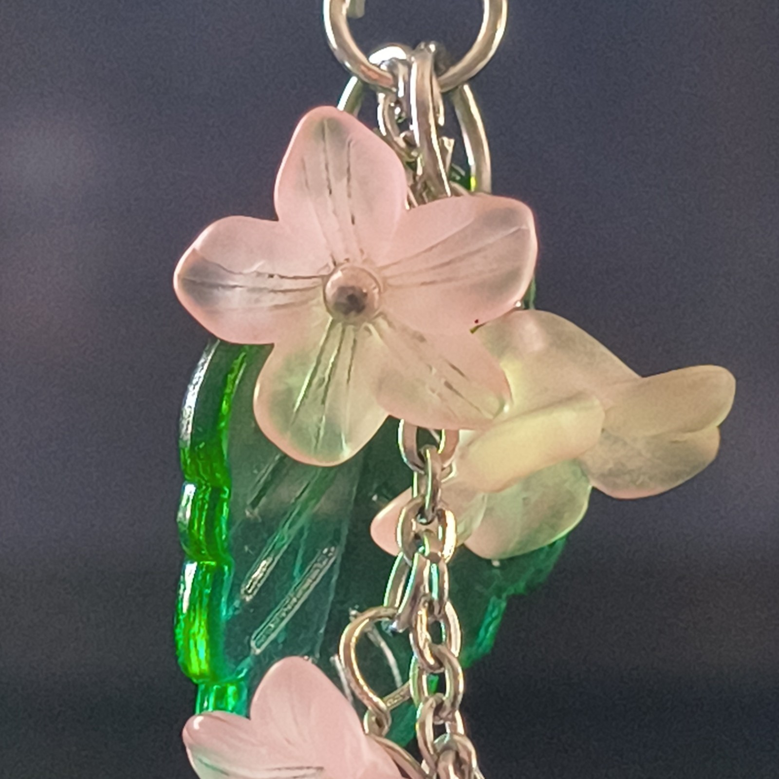 Green Leaf & Pink Flower Dangle/Drop Hook Earrings, Plastic/Metal, No Stone