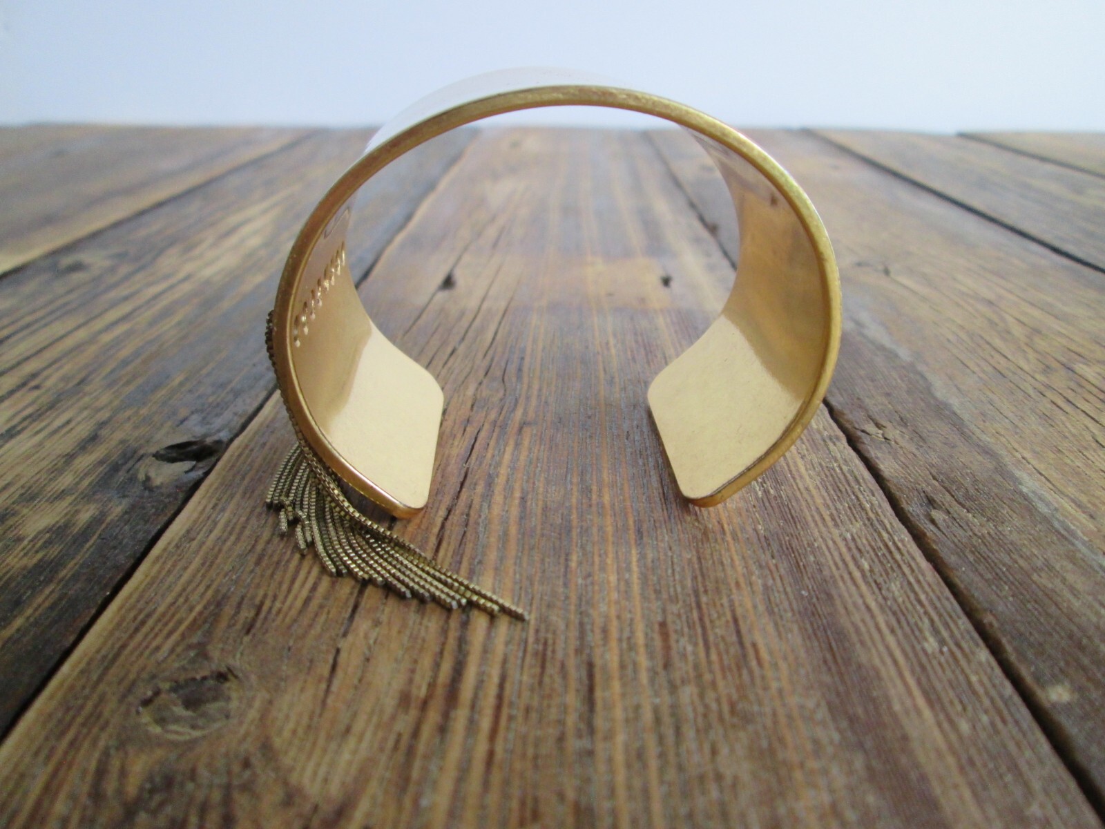 Gold Cuff Bracelet 1 1/2″ Wide Open Bangle Tassel Chain Classy Simple Statement