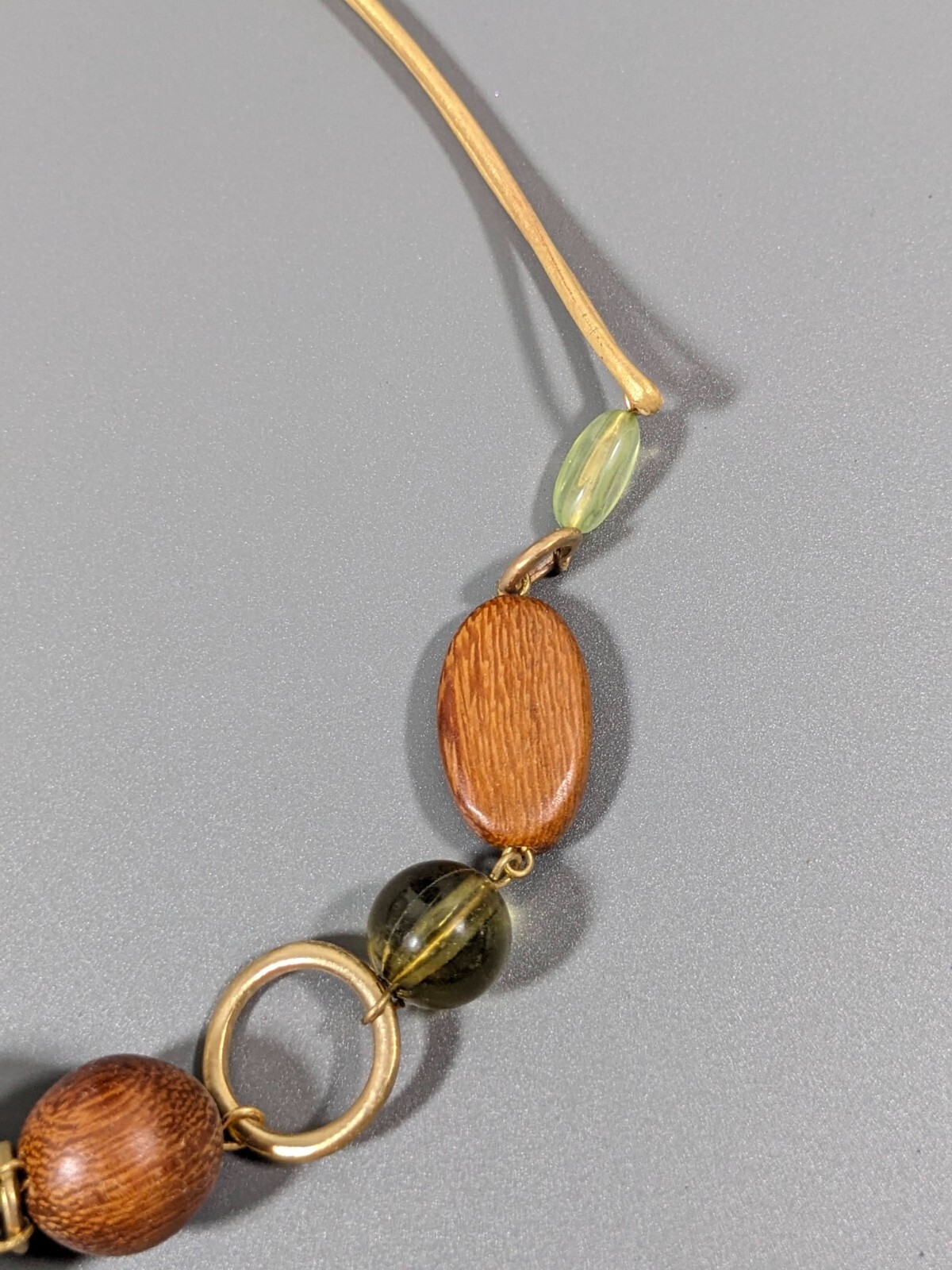 NYC Brown Wood Green Bead Gold Tone Cord Tribal Beachy Necklace 18 inch