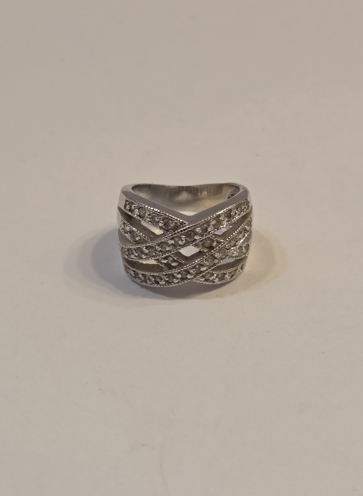 Sterling Silver Criss Cross Pave Set Wide Band Statement Ring Size 7