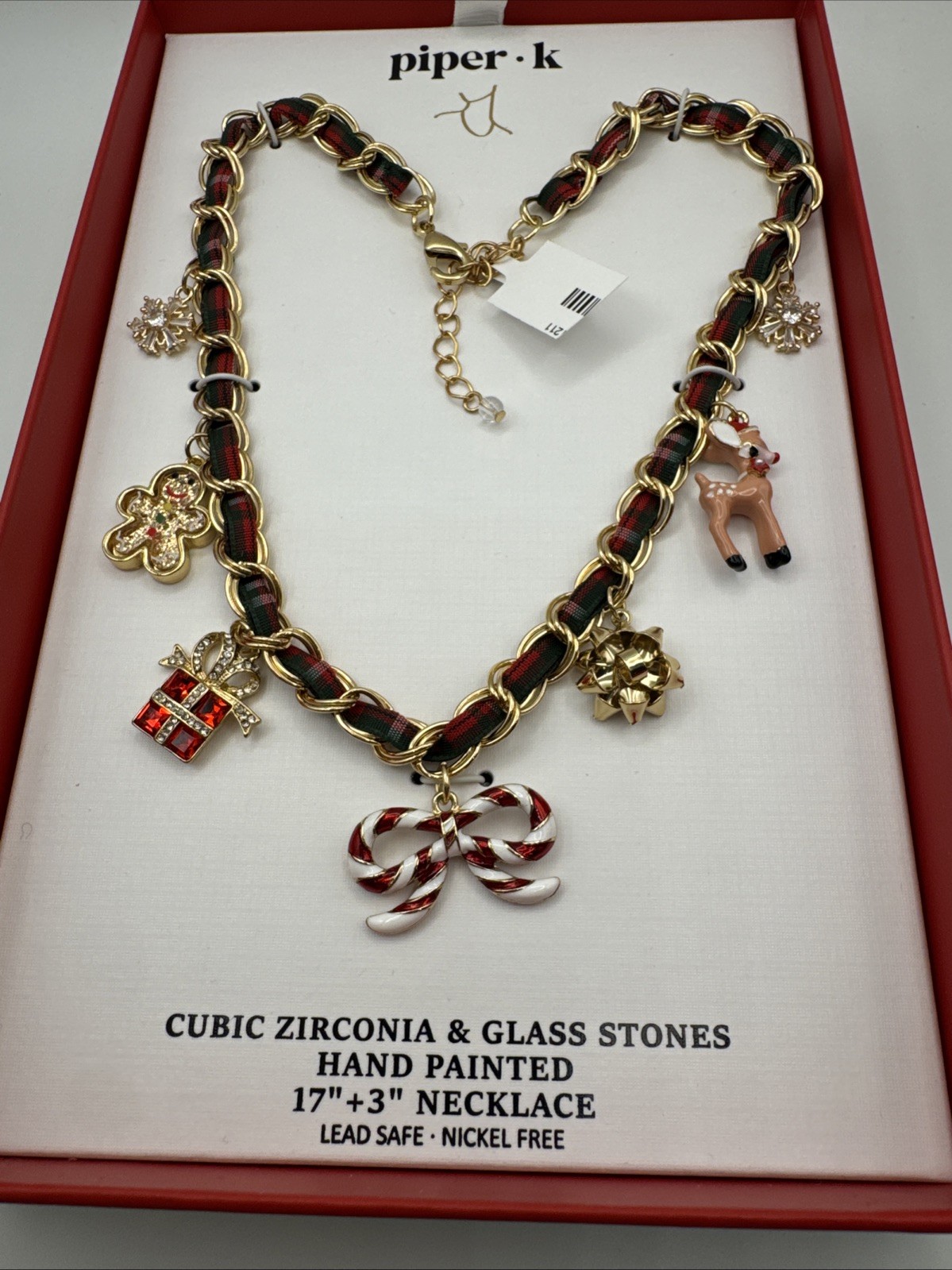 Piper K Christmas Rudolph Charm Necklace Plaid Ribbon Bows Gingerbread New
