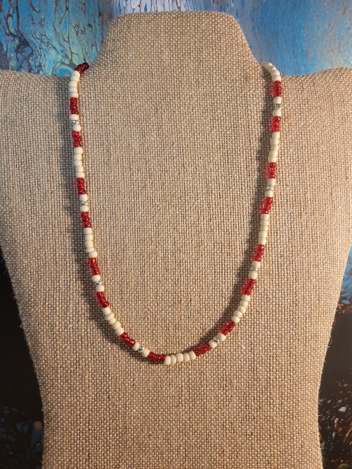 Cream, Silver, & Red Surfer Beaded Handmade Boho Choker Necklace Hippie Beads