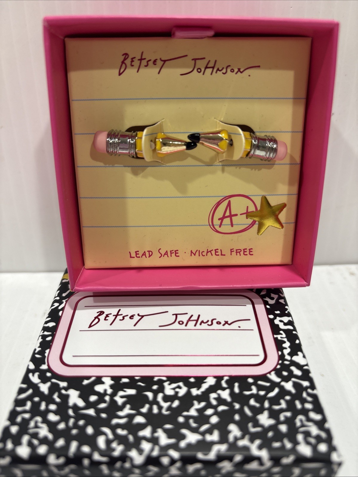 Betsey Johnson Silver Tone & Yellow Enamel Pencil Front Back Stud Earrings NWT