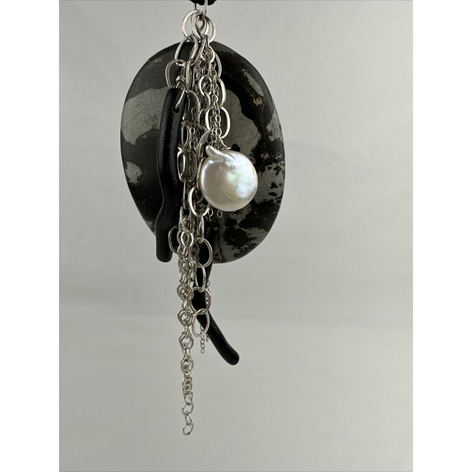 Artist Made Pendant Sterling Silver Chain Natural Pearl Marble Zebra Jasper