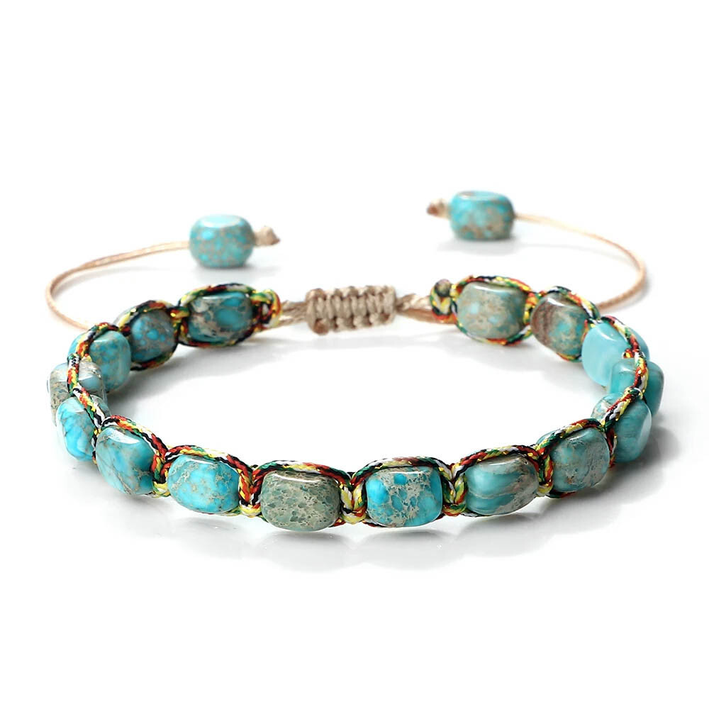 Adjustable Turquoise Bead Bracelet with 7×5.5mm Stones – 17-29cm Woven Design