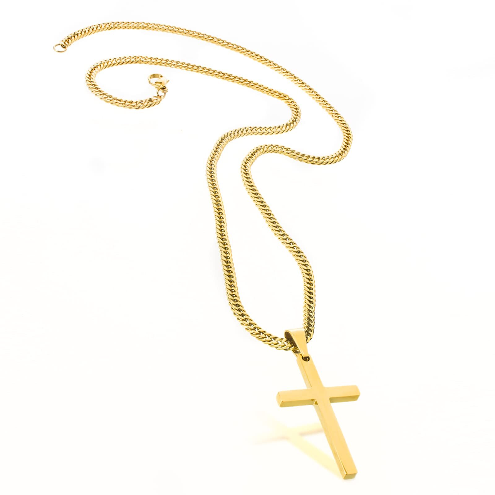 Men Cross Necklace Silver Gold Stainless Steel Boy Plain Pendant Cuban Chain