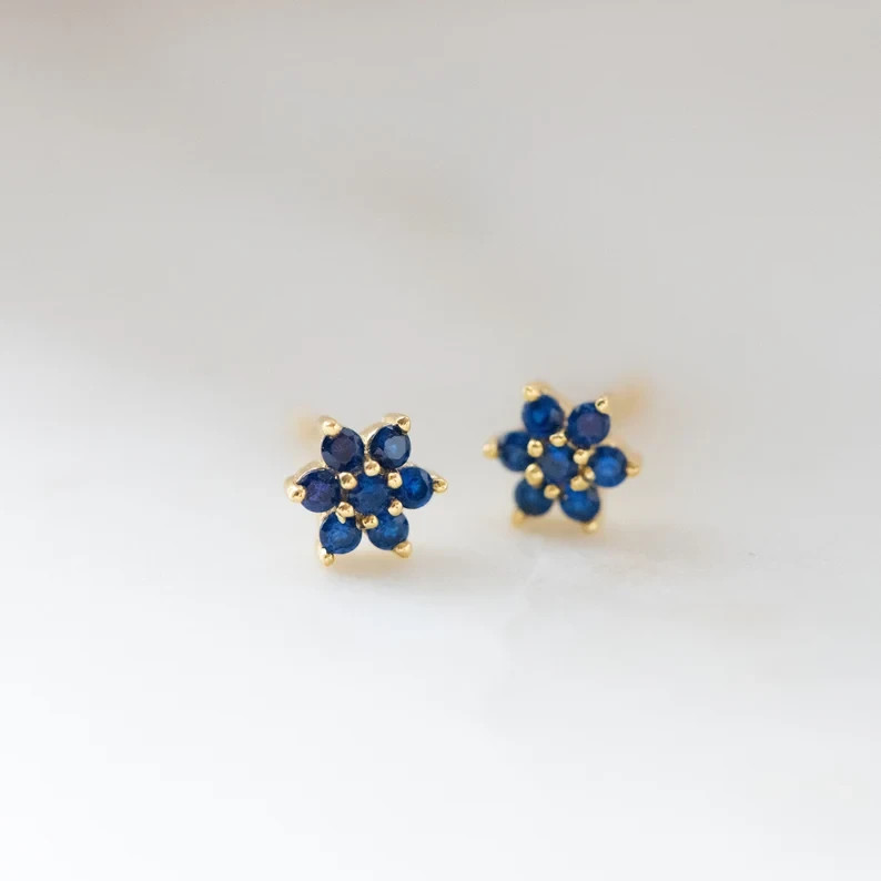 1.3 Ct Round Simulated Sapphire Women Flower Stud Earring 14k Yellow Gold Plated