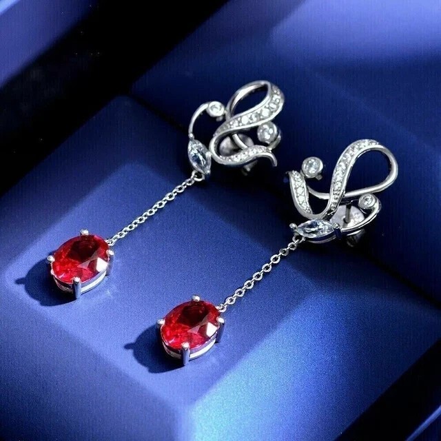 2.30Ct Oval Cut Simulated Ruby Drop Stunning Earrings In 14k White Gold Plated
