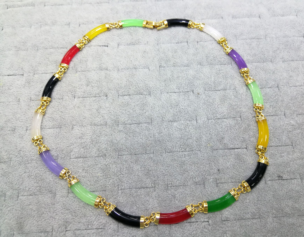 Green Red Purple White Yellow Jade Black Agate Gold Plated Link Necklace Women