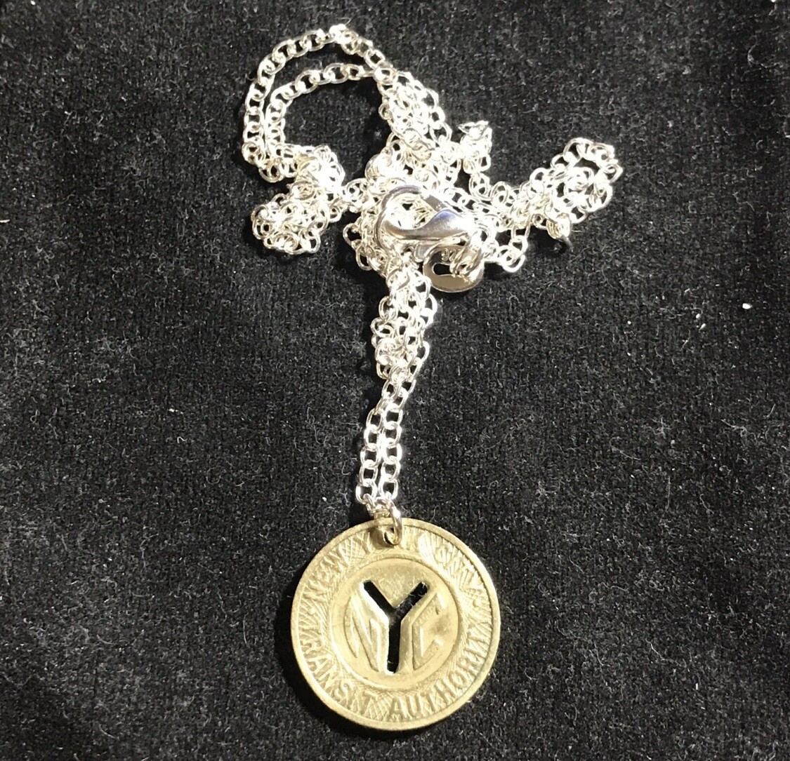 NYC 1953 New York City Subway transit token pendant Manhattan. Silver Chain