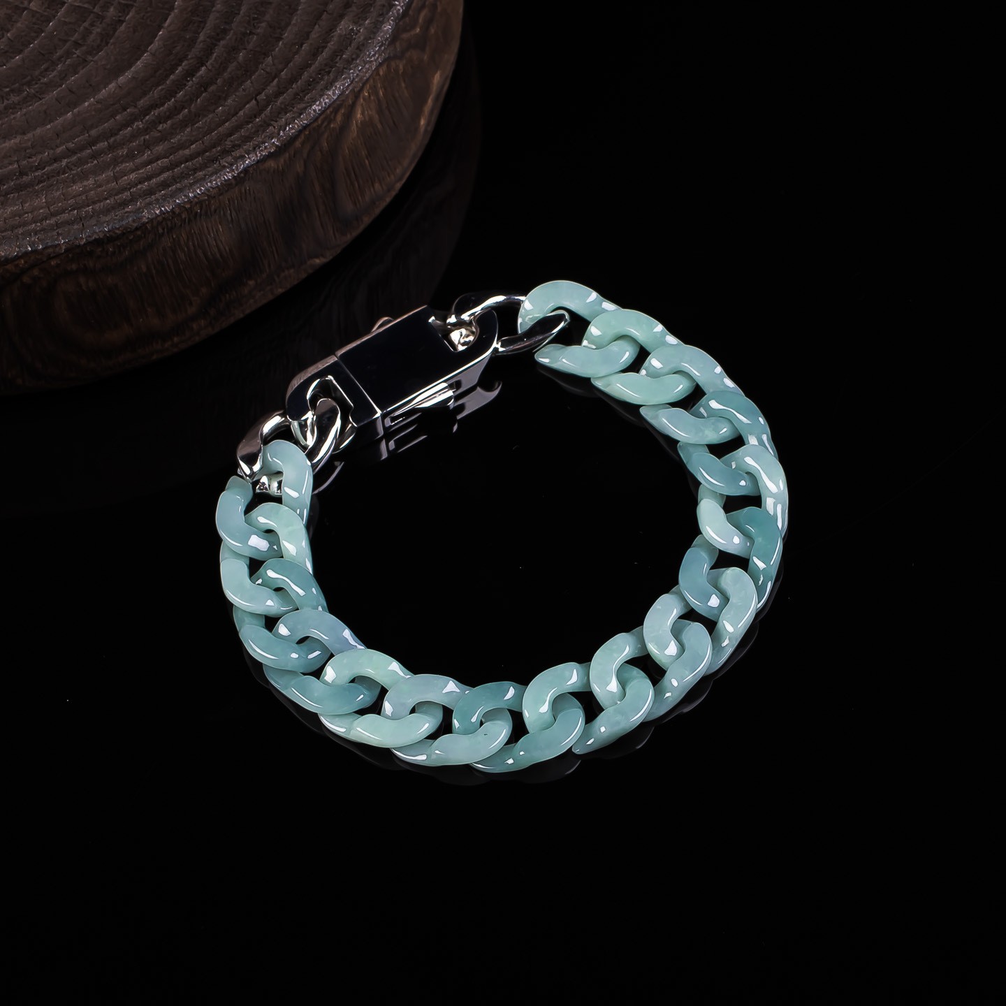 Natural Grade A Blue Water Jadeite Cuban Link Bracelet with Titanium Steel Clasp