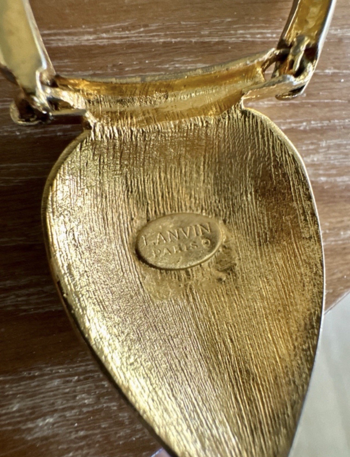 LANVIN Paris Signed Gold Tone Teardrop Pendant Charm Bar Link Necklace