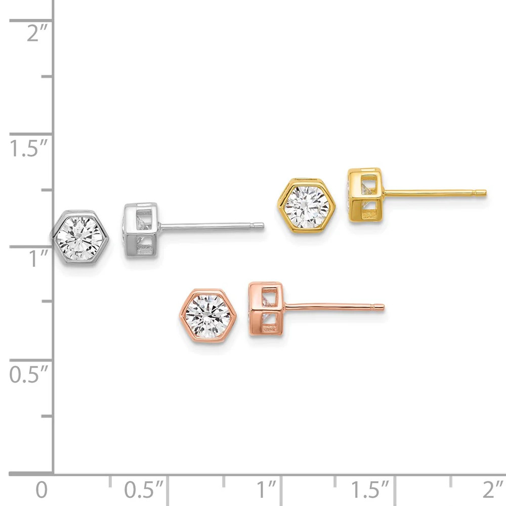 Sterling Silver RH-Plated Rose And Gold-Tone CZ Set Of 3 Post Earring Set