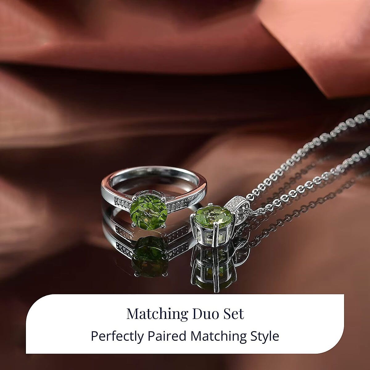 3.15ctw Hebei Peridot & Moissanite Ring & Pendant Set Rhodium Plated Size 7