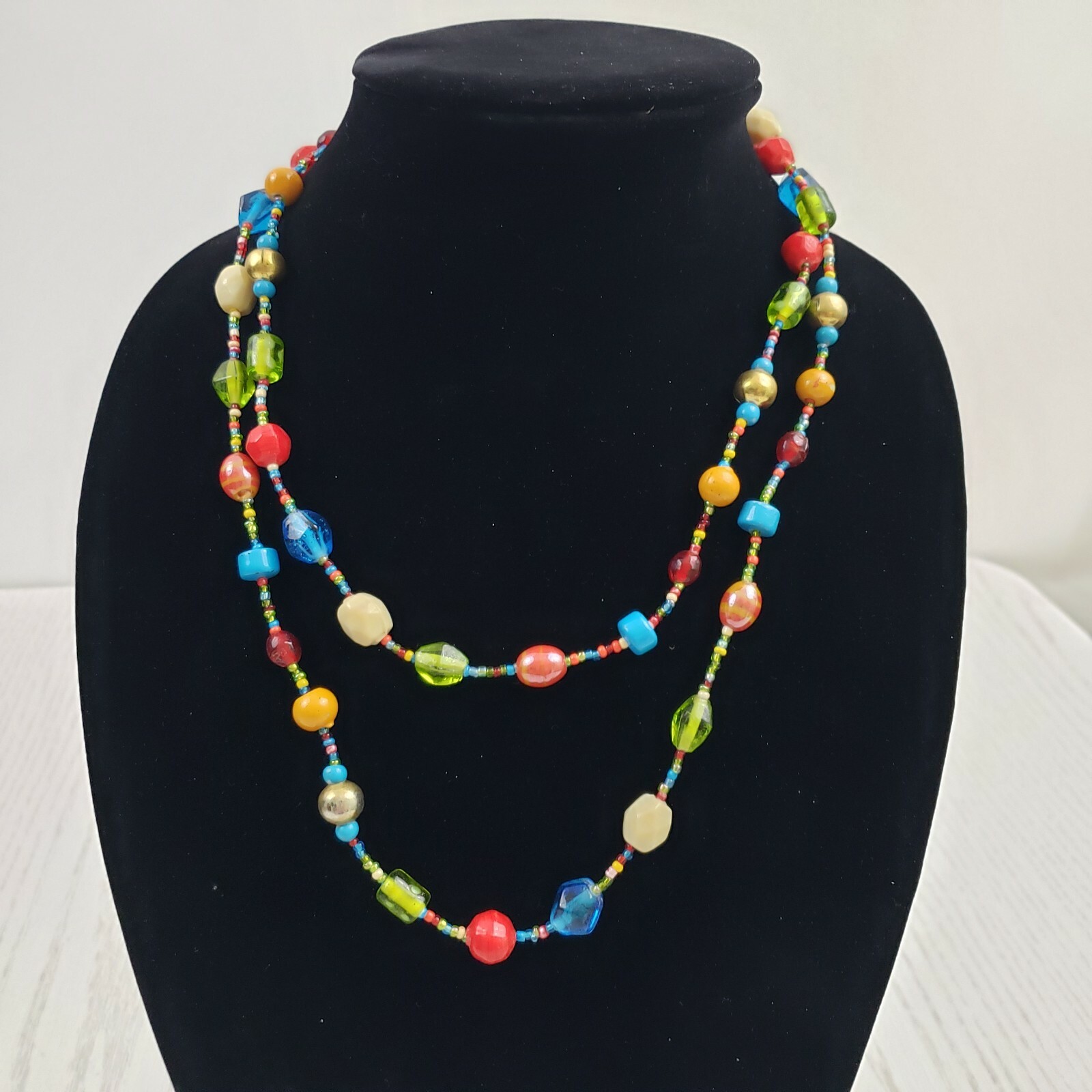 Rainbow Color Glass Beads Seed Bead Strand String Necklace Artsy Boho Hippie