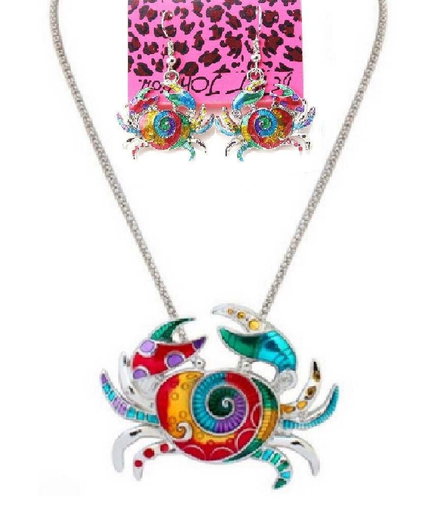 Betsey Johnson Rainbow Crab Silver Pendant Necklace Earrings Set Free Gift Bags