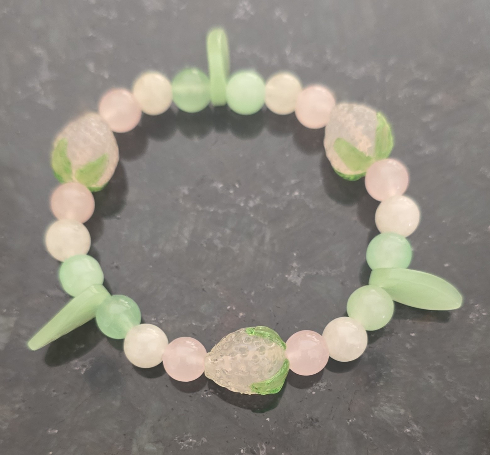 Pink & Green Beaded Stretch Bracelet, Round Glass Stone Beads, Pink/Green Colors