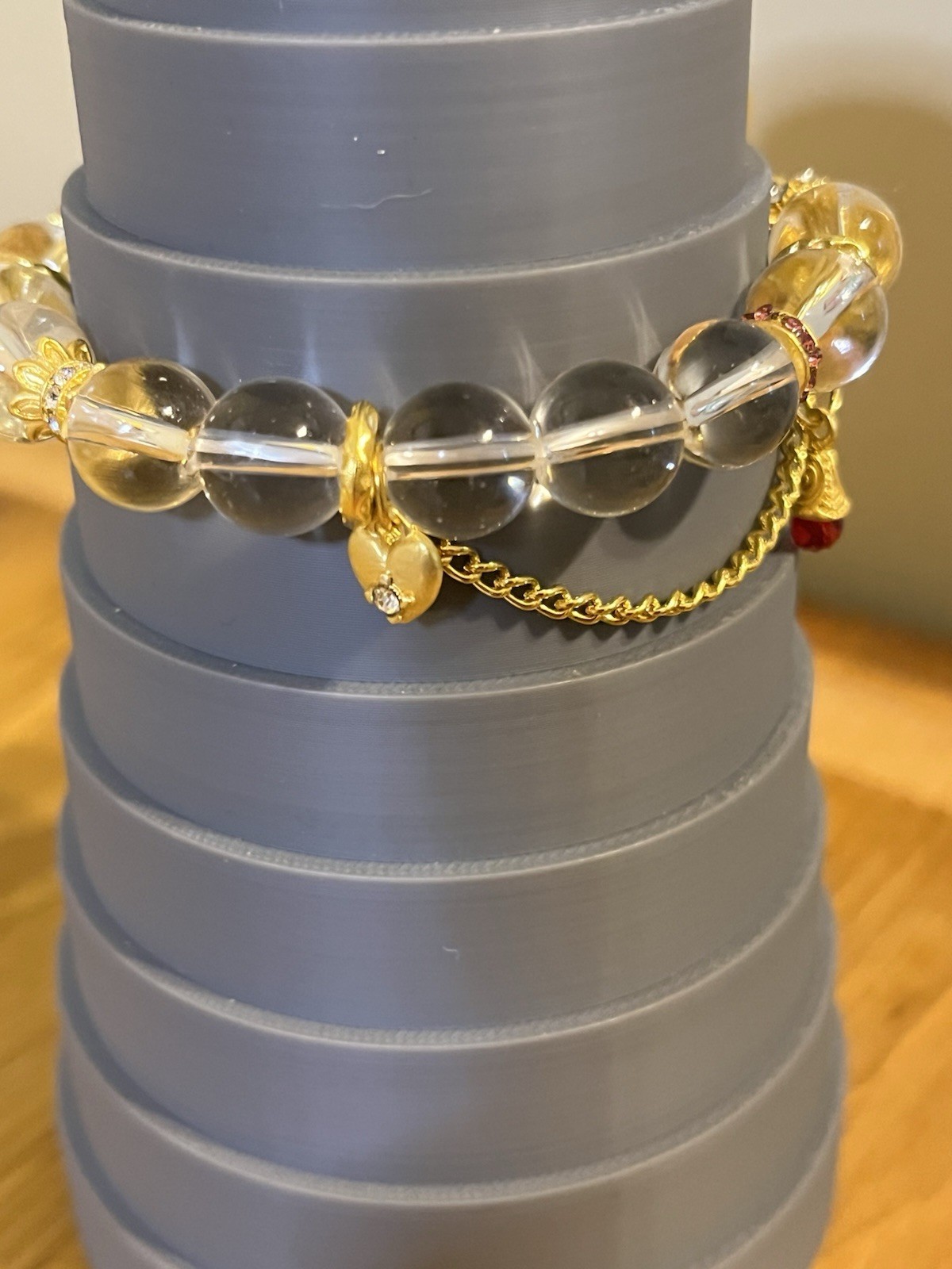 Spirit fox mask design stretch bracelet gold tone chain clear beads dangle charm
