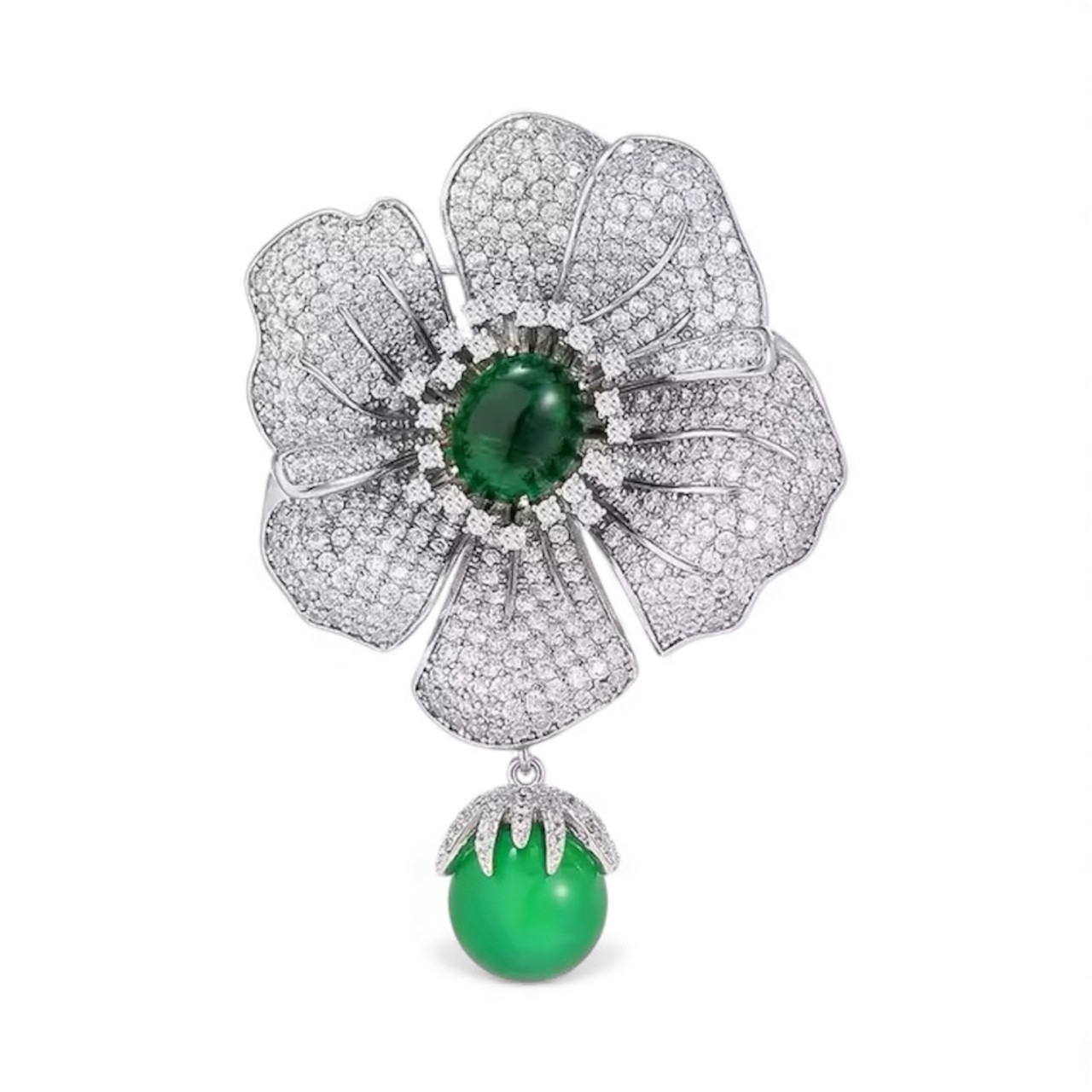 ZARD Green Aventurine Drop Flower Brooch Platinum Silver
