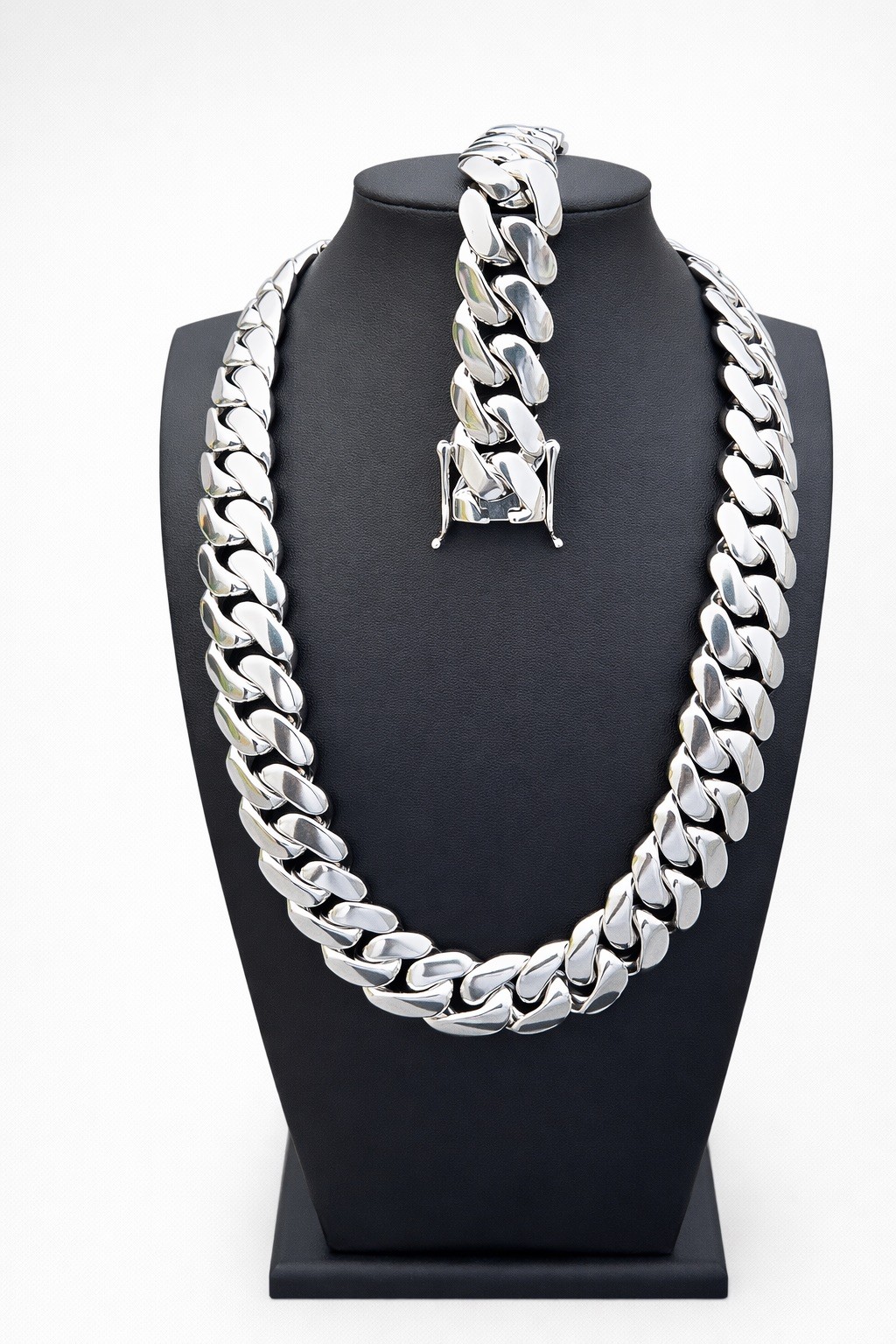 20mm White Gold Cuban Link Chain & Bracelet Set 24in Necklace 7/8in