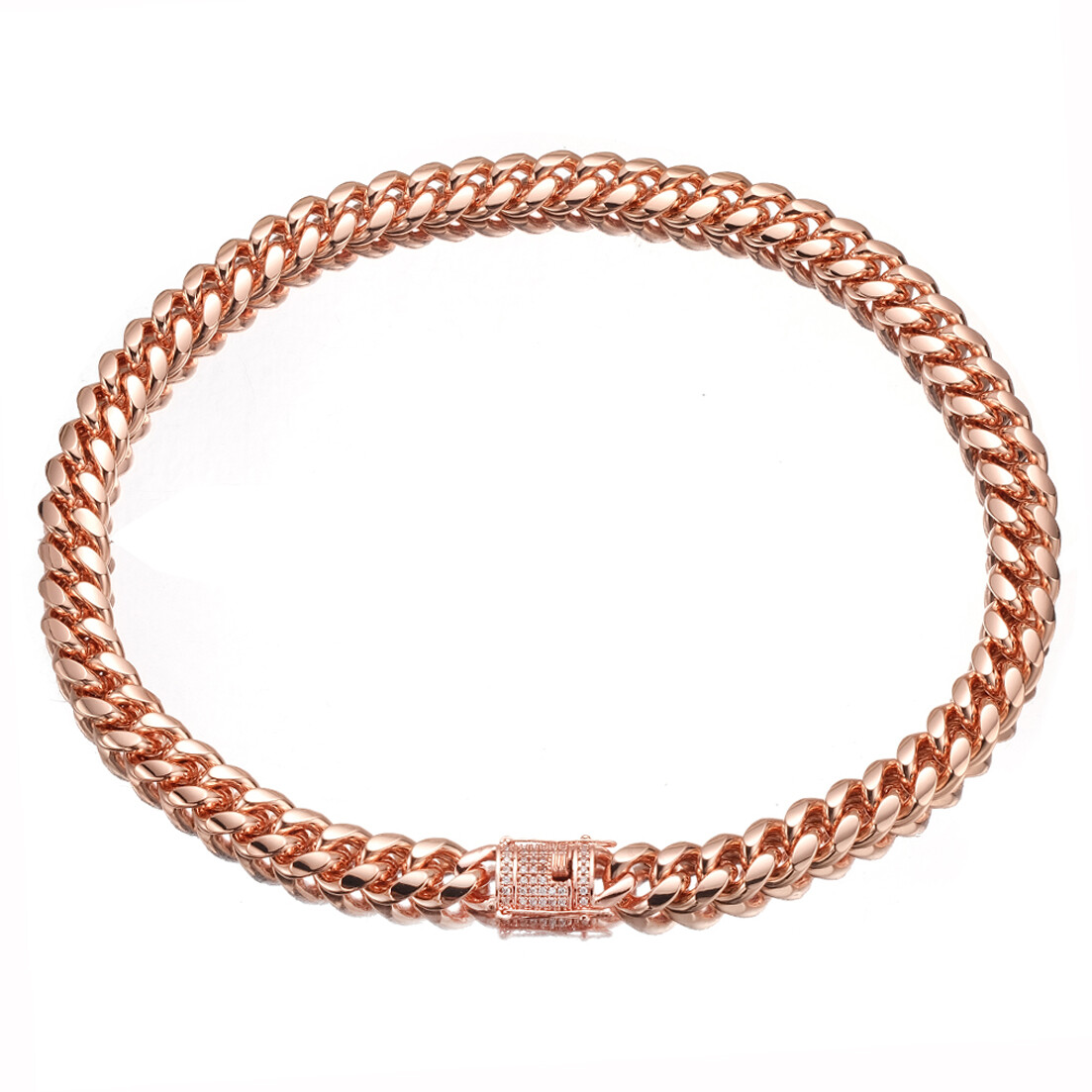 Pink Rose Gold Miami Cuban Link Chain Necklace with CZ Clasp Unisex 10/14MM