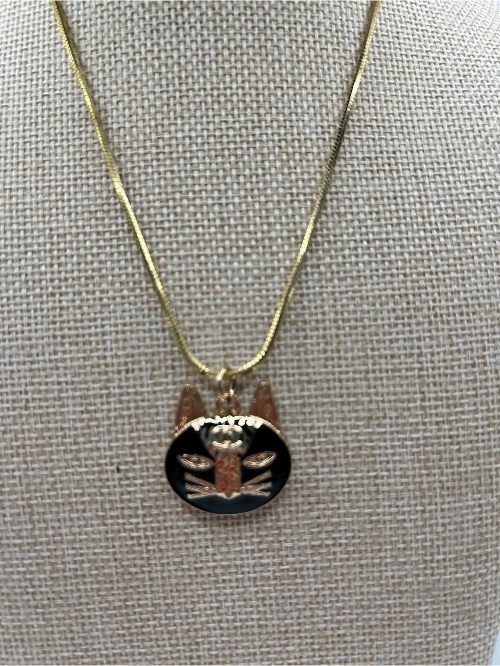 Chanel gold and black enamel Cat Pendant Necklace on gold chain