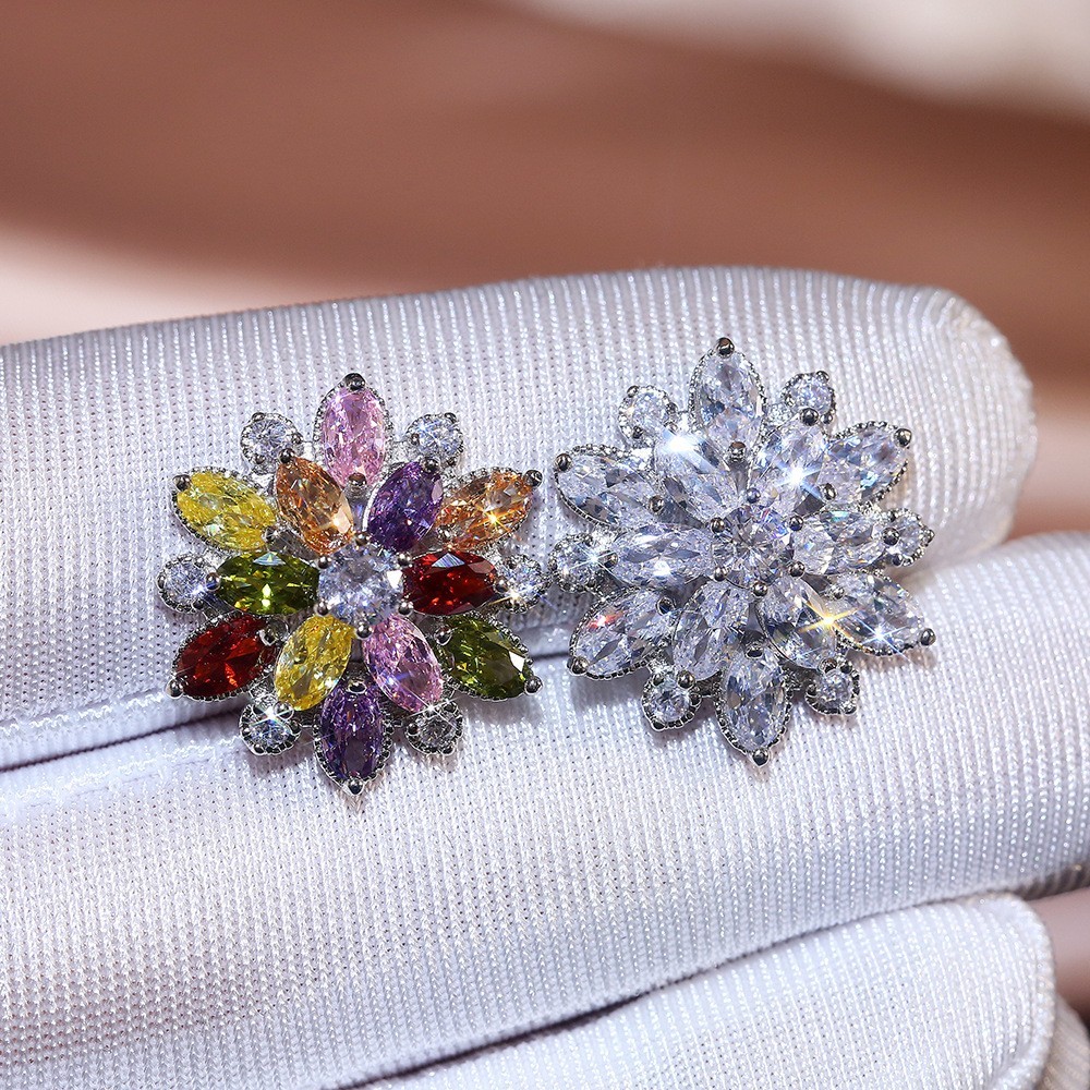 White Gold Big Size CZ Cluster Flower Snowflake Stud Earrings 20mm/0.8″ Box PE50