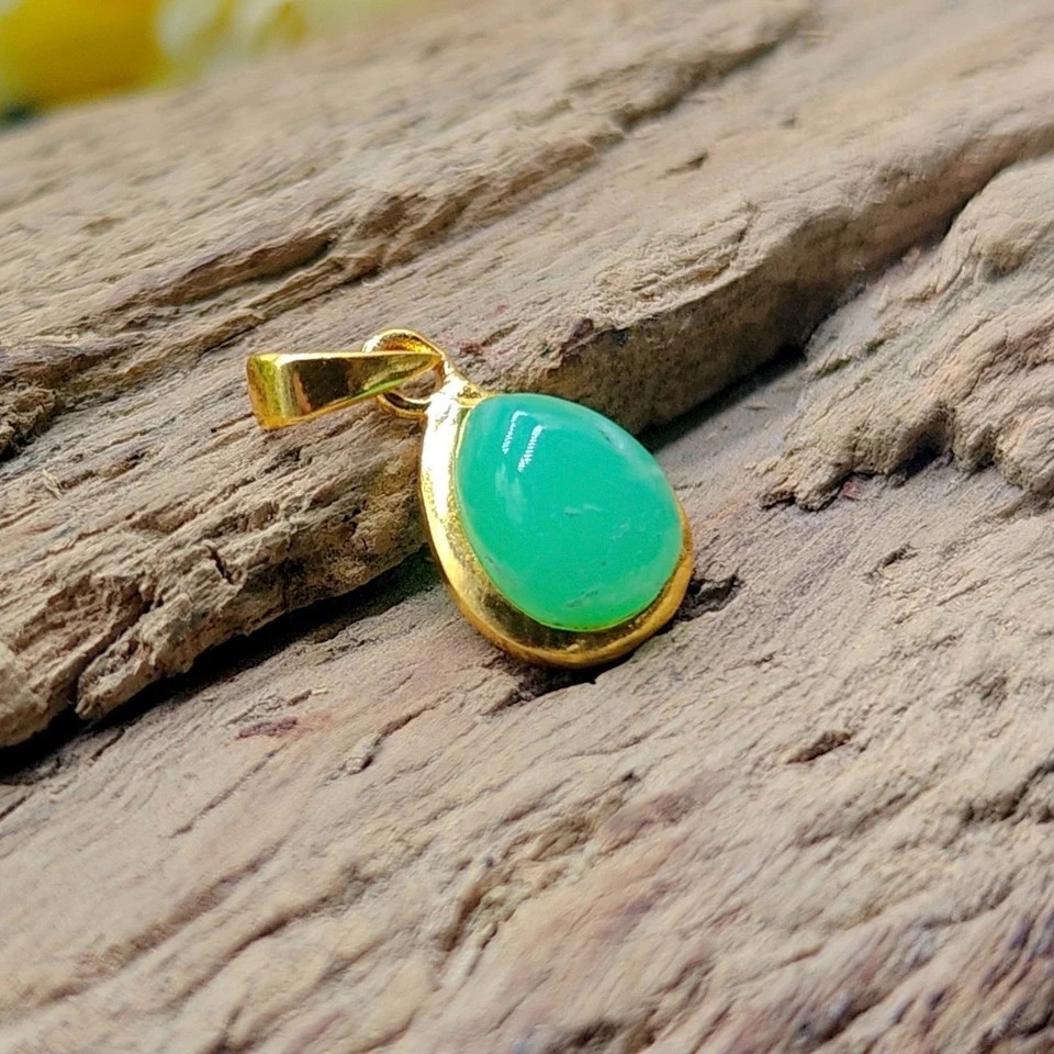 Chrysoprase Gemstone Pendant, 9x11mm Pear Gold Plated Handmade Fashion Jewelry.