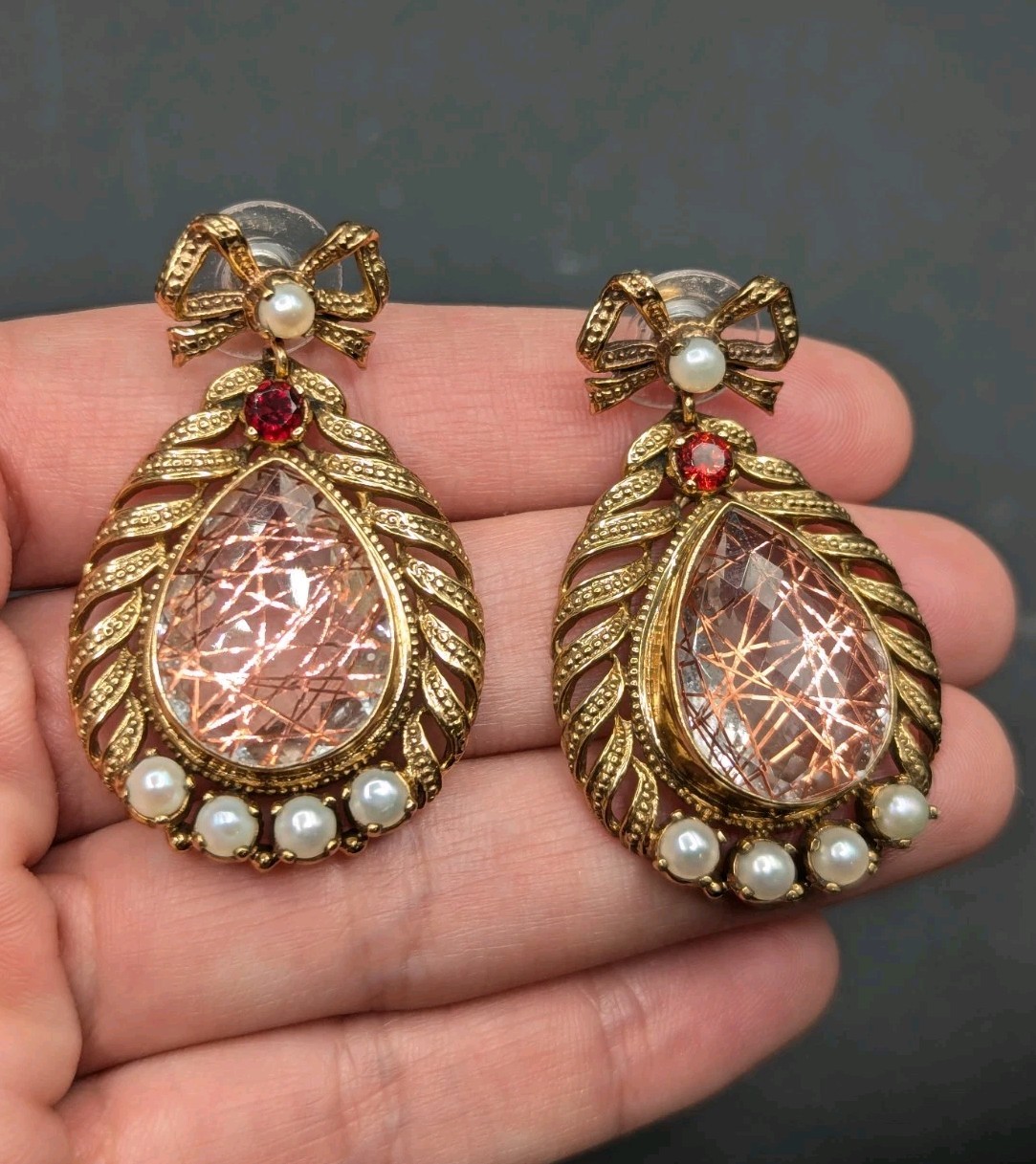Nicky Butler NB Gold Tone Quartz Pearl Garnet Bow Drop Dangle Earrings 925 Posts