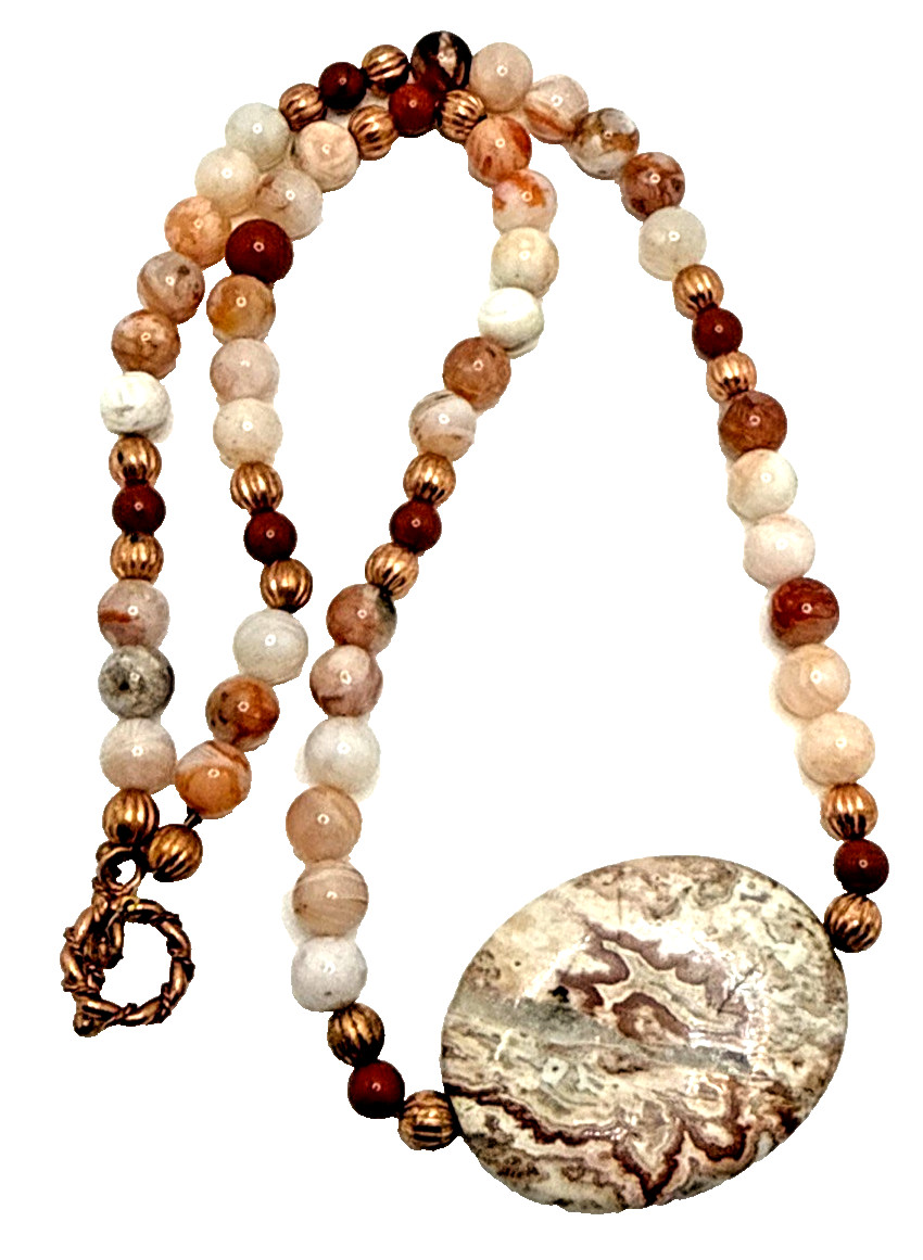 Artisan Pink Rosetta Jasper Necklace Beaded Moss Agate Stone Pendant Boho 23″
