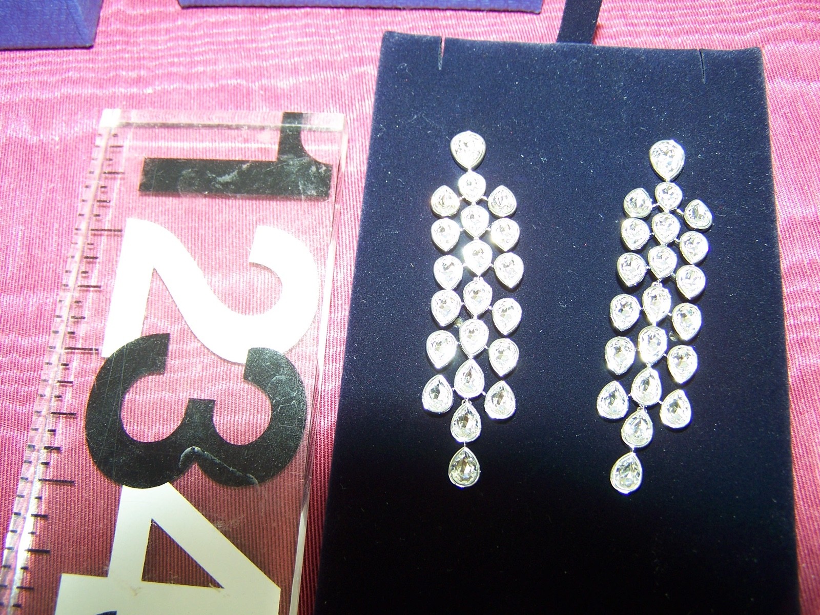 Swarovski Crystal chandelier earrings, pear shaped, Rhodium finish 3″. NIB