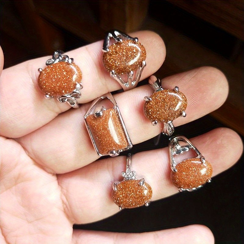 24Pcs Golden Sand Stone Rings Bulk Oval Rings Unisex Jewelry With Gift Box