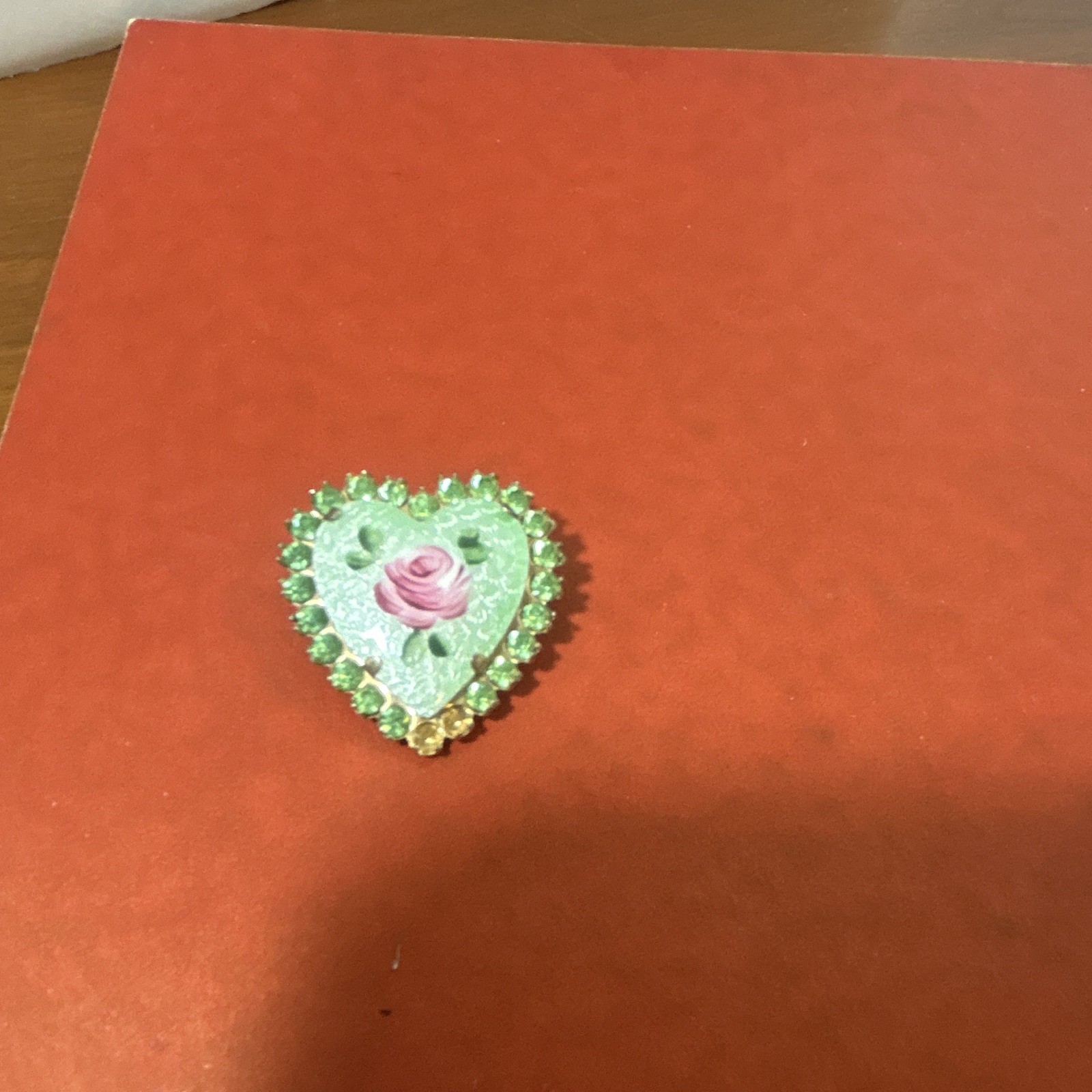 Heart Floral Enamel Brooch Pin, Gold Tone Metal, Green & Pink Flowers