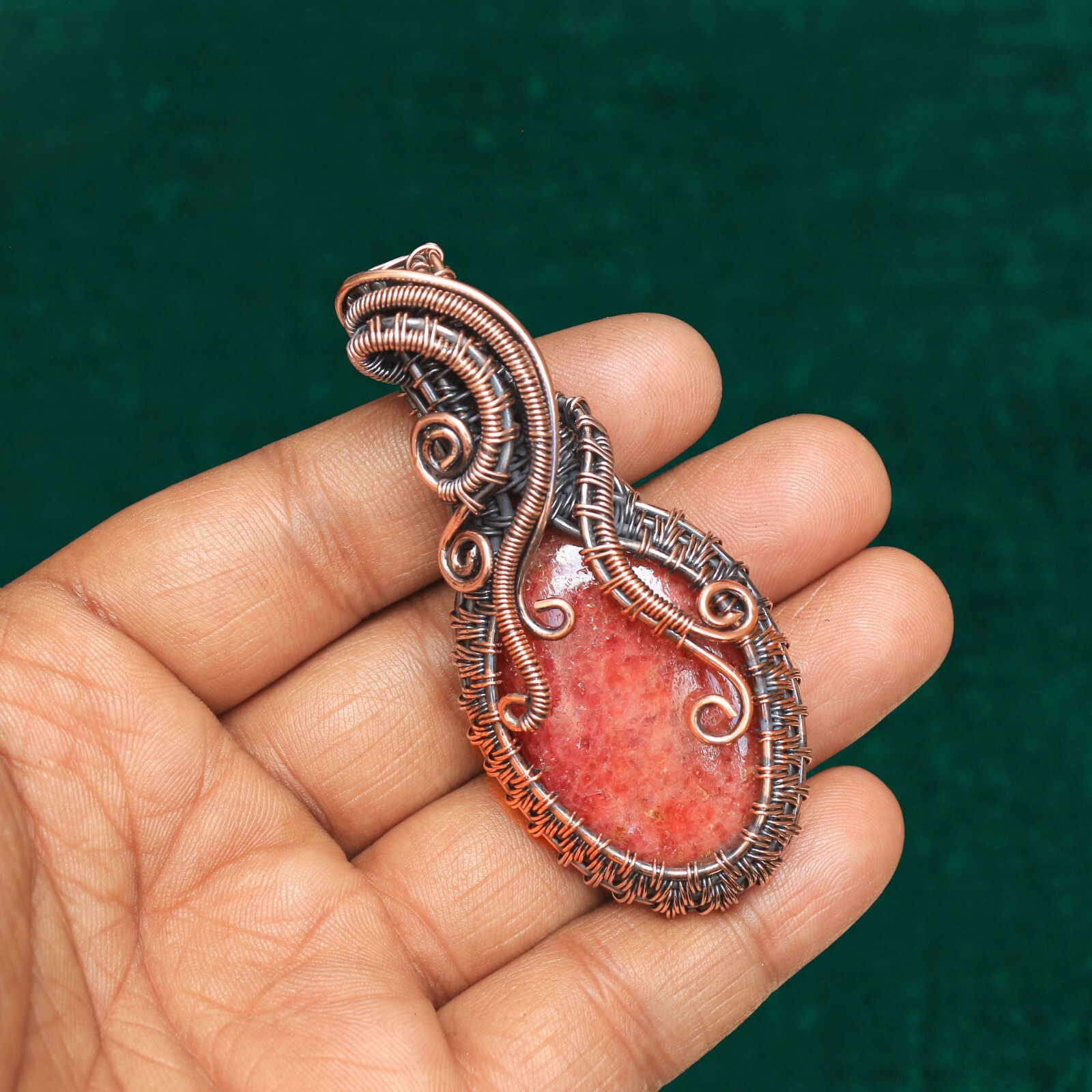 Unique Design Pendant Jewelry Pink Rhodonite Gemstone Copper Wire Wrap NK675